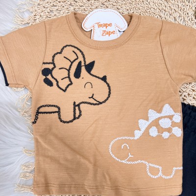 Conj. Camiseta Dinos Bordados e Bermuda - Carmelo e Preto